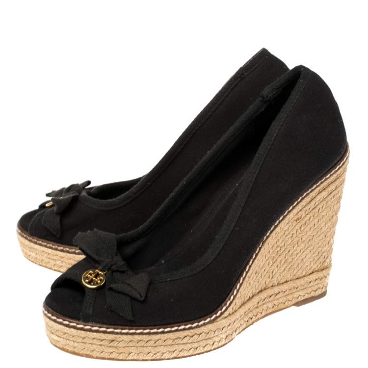 Pre Owned Tory Burch Black Canvas Jackie Bow Espadrille Wedge Pumps Size 38