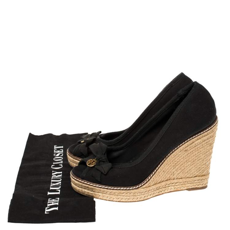 Pre Owned Tory Burch Black Canvas Jackie Bow Espadrille Wedge Pumps Size 38