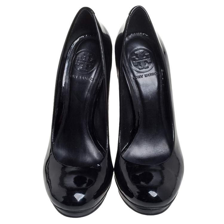 Pre Owned Tory Burch Black Patent Leather Embellished Heel Round Toe Pumps Size 36