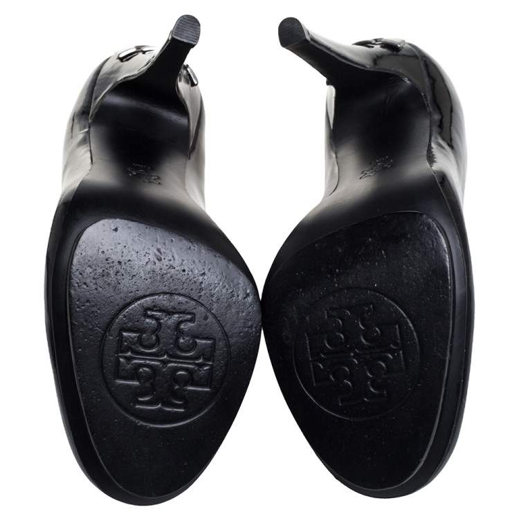 Pre Owned Tory Burch Black Patent Leather Embellished Heel Round Toe Pumps Size 36