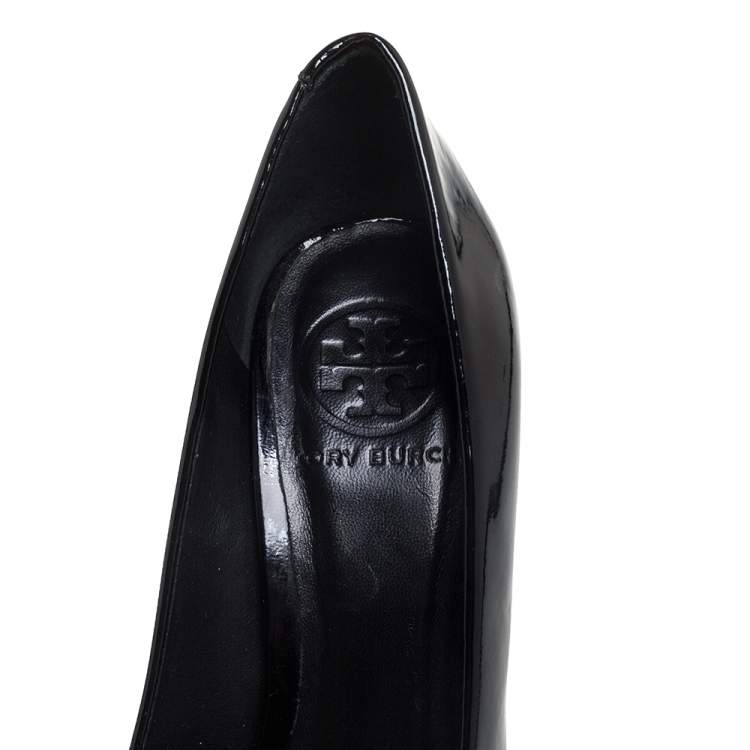 Pre Owned Tory Burch Black Patent Leather Embellished Heel Round Toe Pumps Size 36
