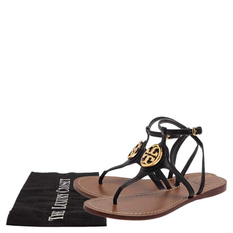 Pre Owned Tory Burch Black Leather Logo Embellished Thong Flat Sandals Size 37