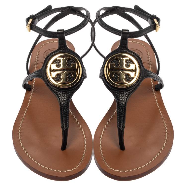 Pre Owned Tory Burch Black Leather Logo Embellished Thong Flat Sandals Size 37