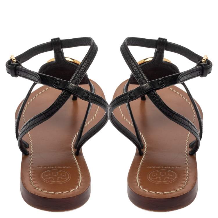 Pre Owned Tory Burch Black Leather Logo Embellished Thong Flat Sandals Size 37