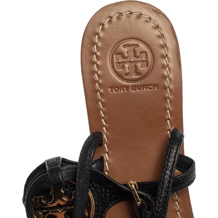 Pre Owned Tory Burch Black Leather Logo Embellished Thong Flat Sandals Size 37
