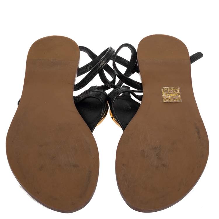 Pre Owned Tory Burch Black Leather Logo Embellished Thong Flat Sandals Size 37