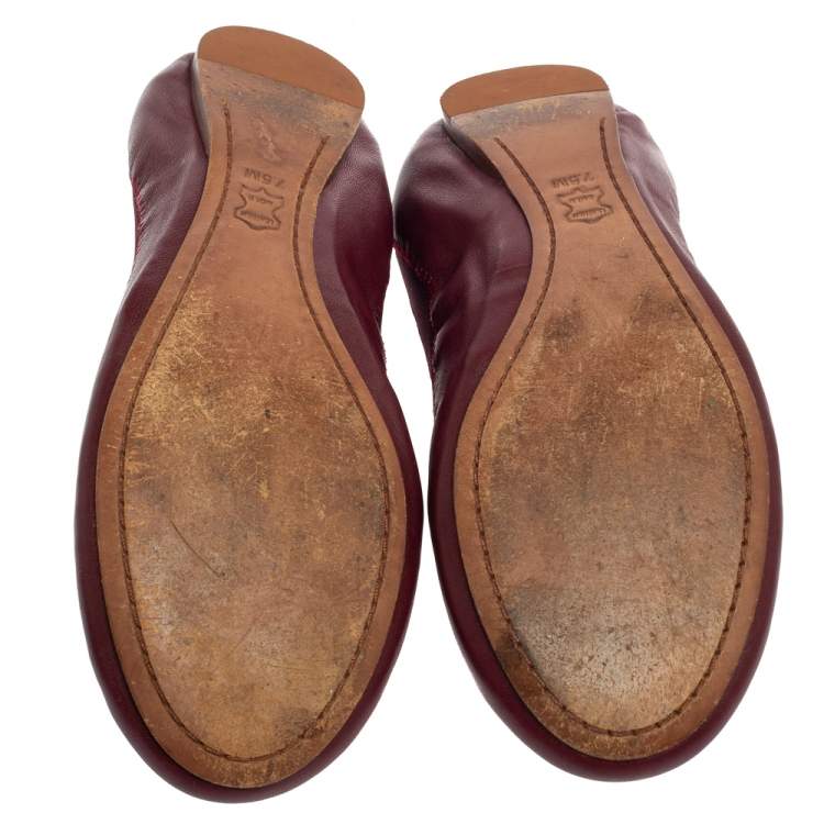 Pre Owned Tory Burch Burgundy Leather Scrunch Ballet Flats Size 37.5