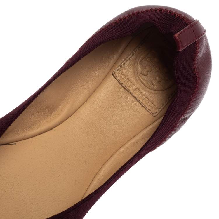 Pre Owned Tory Burch Burgundy Leather Scrunch Ballet Flats Size 37.5