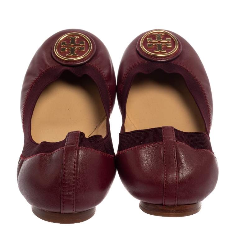 Pre Owned Tory Burch Burgundy Leather Scrunch Ballet Flats Size 37.5