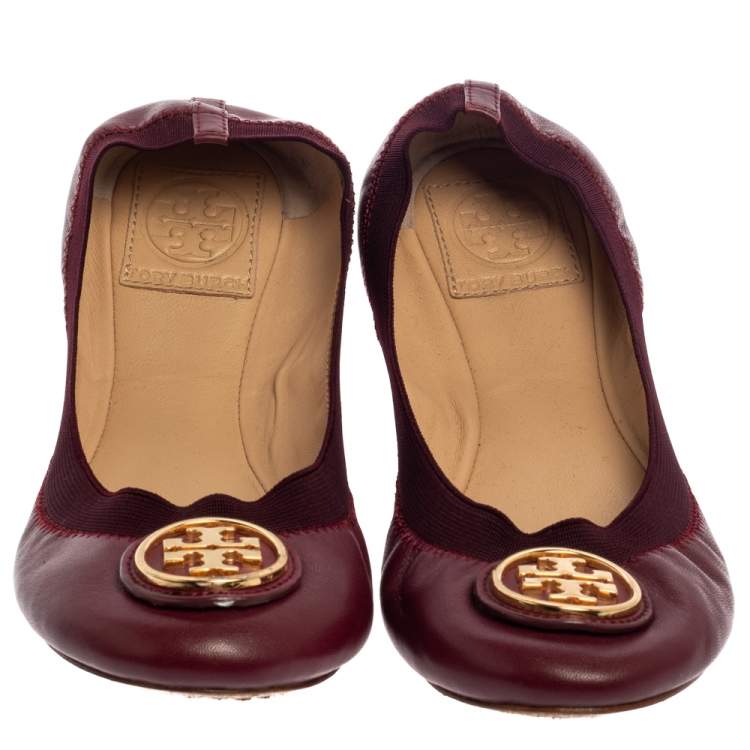 Pre Owned Tory Burch Burgundy Leather Scrunch Ballet Flats Size 37.5