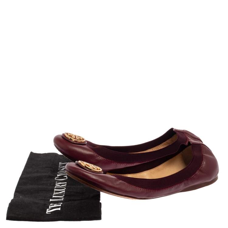 Pre Owned Tory Burch Burgundy Leather Scrunch Ballet Flats Size 37.5