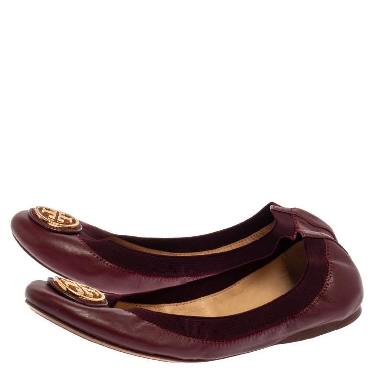 Pre Owned Tory Burch Burgundy Leather Scrunch Ballet Flats Size 37.5