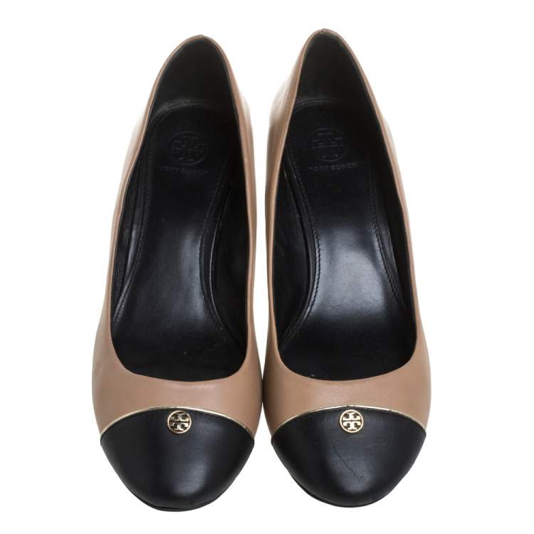 Pre Owned Tory Burch Beige/Black Leather Cap Toe Wedge Pumps Size 40.5