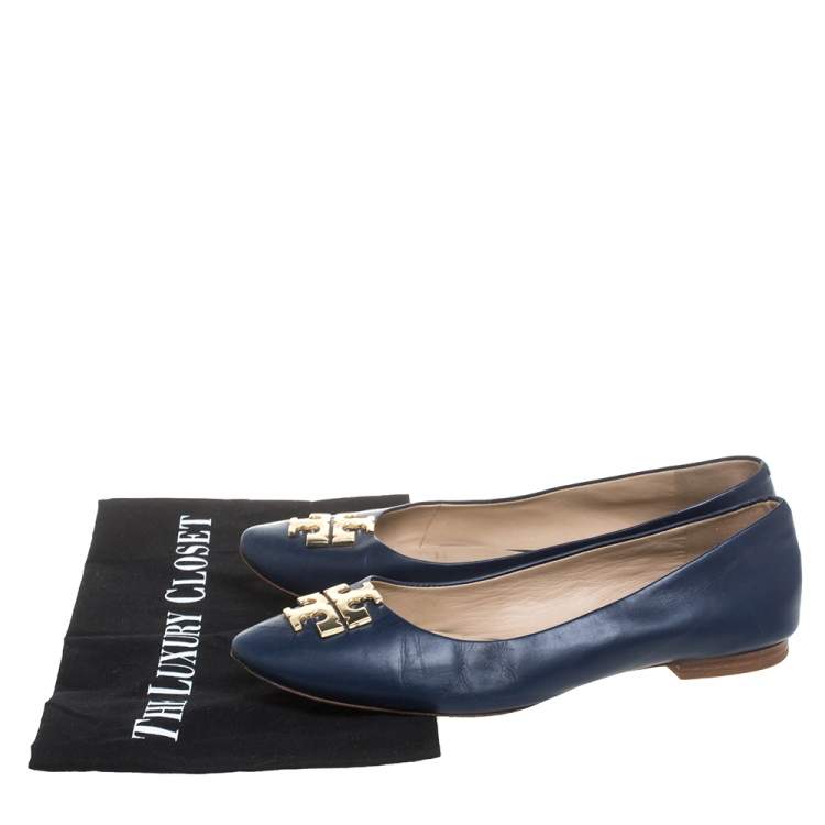Pre Owned Tory Burch Navy Blue Leather Ballet Flats Size 38
