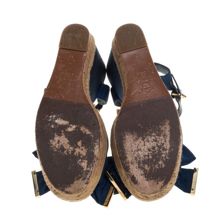 Pre Owned Tory Burch Blue Canvas And Leather Espadrille Wedge  Ankle Strap Sandals Size 36.5