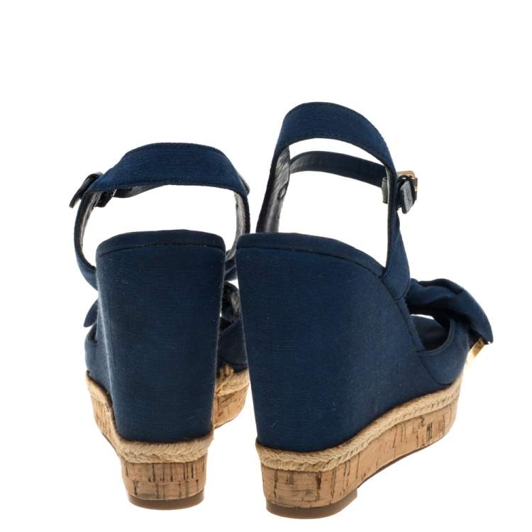 Pre Owned Tory Burch Blue Canvas And Leather Espadrille Wedge  Ankle Strap Sandals Size 36.5