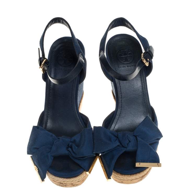 Pre Owned Tory Burch Blue Canvas And Leather Espadrille Wedge  Ankle Strap Sandals Size 36.5
