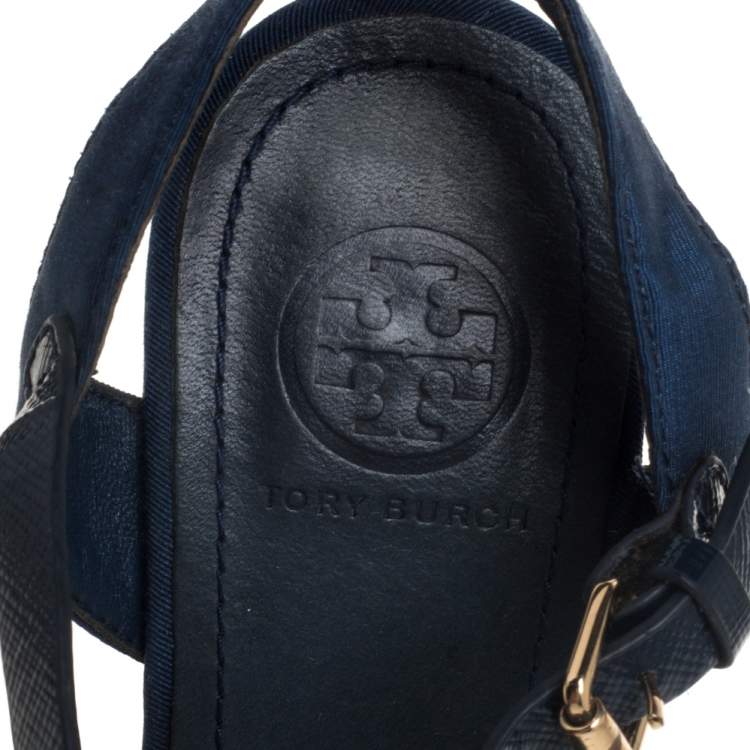 Pre Owned Tory Burch Blue Canvas And Leather Espadrille Wedge  Ankle Strap Sandals Size 36.5
