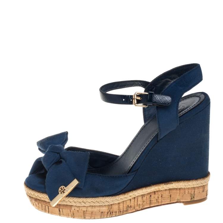 Pre Owned Tory Burch Blue Canvas And Leather Espadrille Wedge  Ankle Strap Sandals Size 36.5