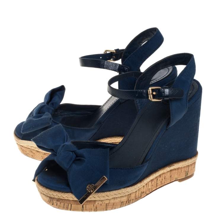 Pre Owned Tory Burch Blue Canvas And Leather Espadrille Wedge  Ankle Strap Sandals Size 36.5
