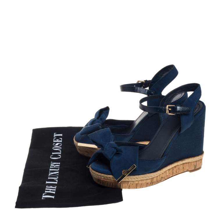 Pre Owned Tory Burch Blue Canvas And Leather Espadrille Wedge  Ankle Strap Sandals Size 36.5