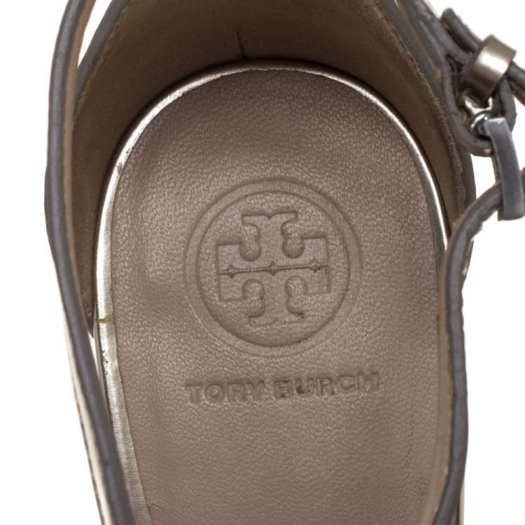 Pre Owned Tory Burch Gold Patent Leather Ankle Strap Sandals Size 38.5