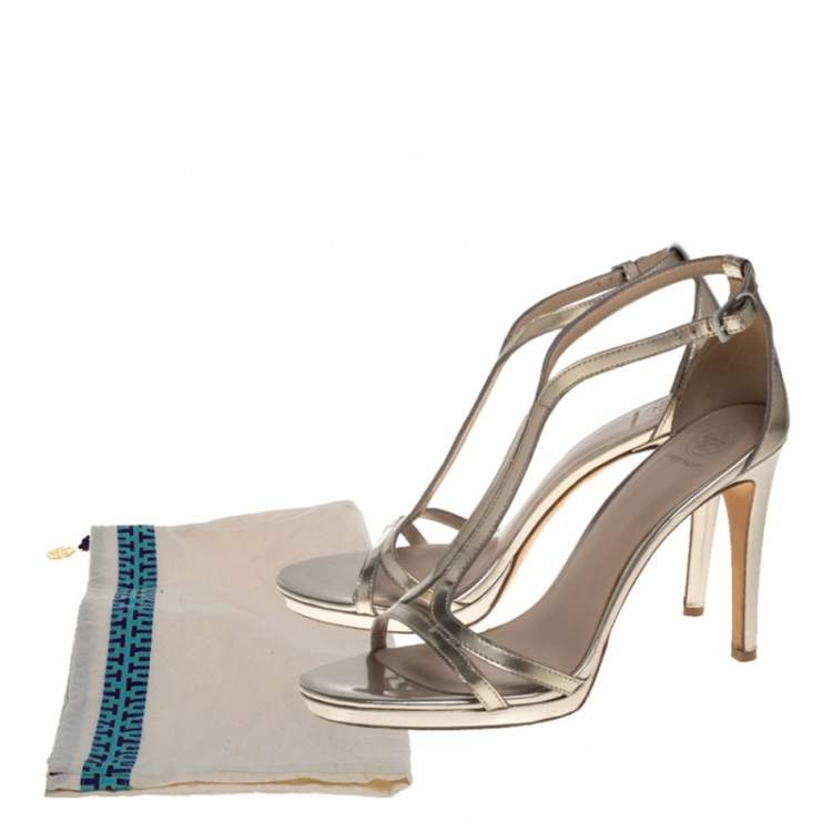 Pre Owned Tory Burch Gold Patent Leather Ankle Strap Sandals Size 38.5