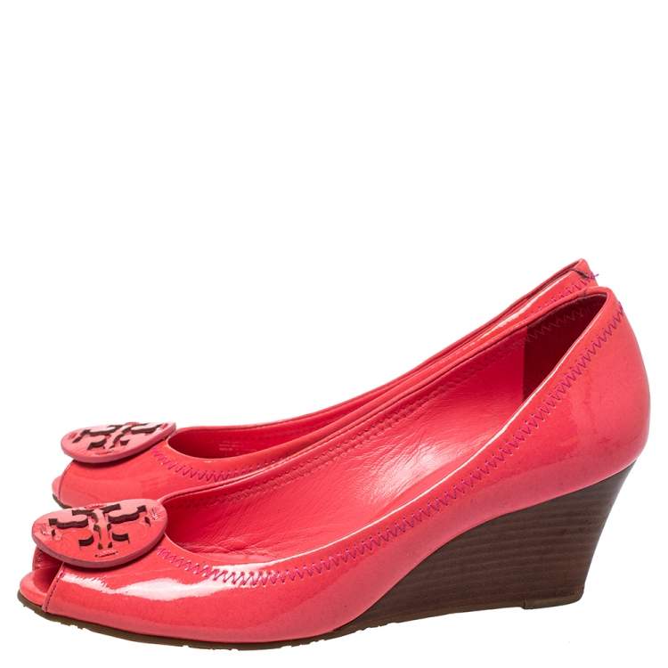 Pre Owned Tory Burch Pink Patent Leather Wedge Peep Toe Pumps Size 38
