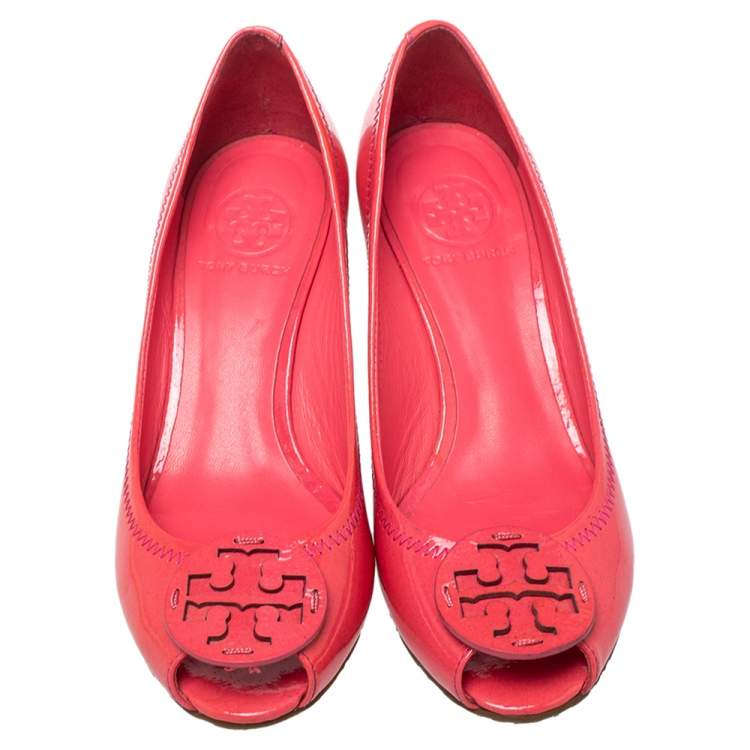 Pre Owned Tory Burch Pink Patent Leather Wedge Peep Toe Pumps Size 38