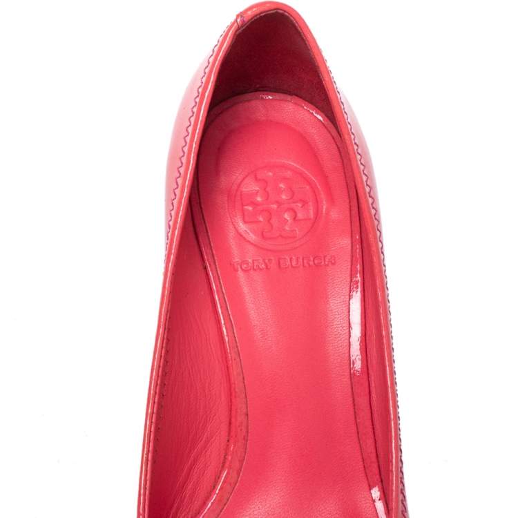 Pre Owned Tory Burch Pink Patent Leather Wedge Peep Toe Pumps Size 38