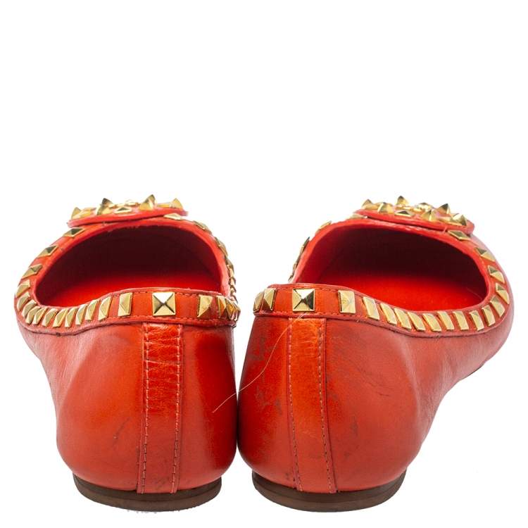 Pre Owned Tory Burch Orange Leather Studded Dale Ballet Flats Size 38