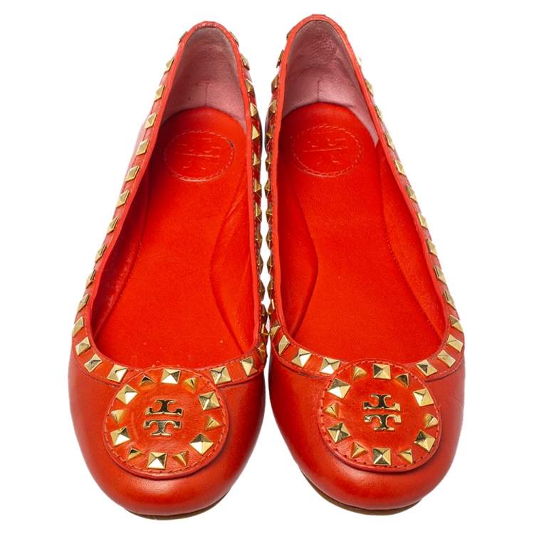 Pre Owned Tory Burch Orange Leather Studded Dale Ballet Flats Size 38