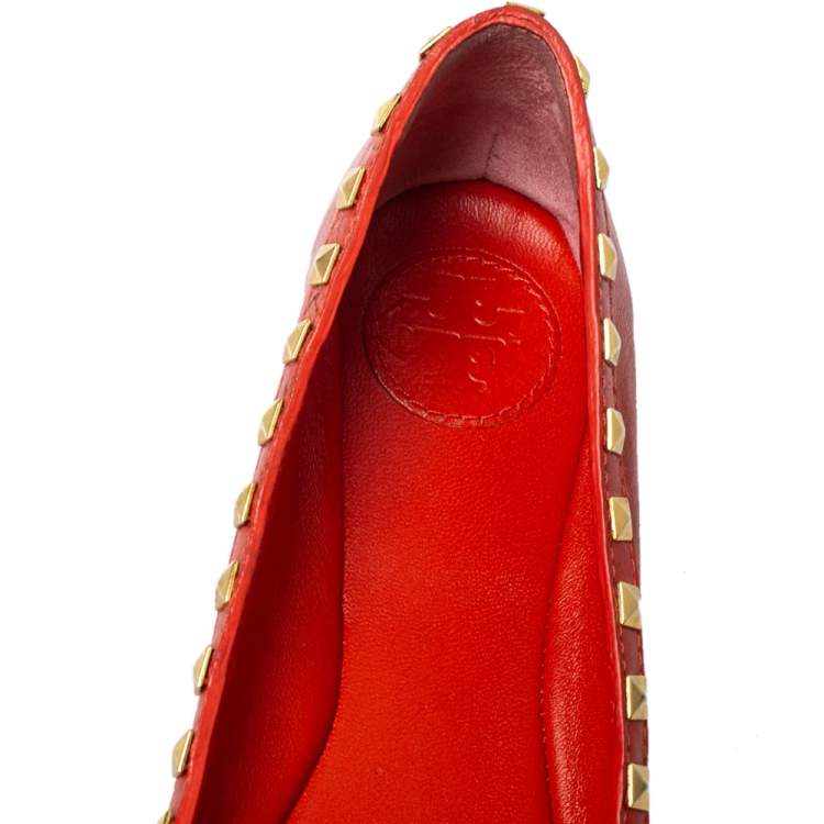 Pre Owned Tory Burch Orange Leather Studded Dale Ballet Flats Size 38