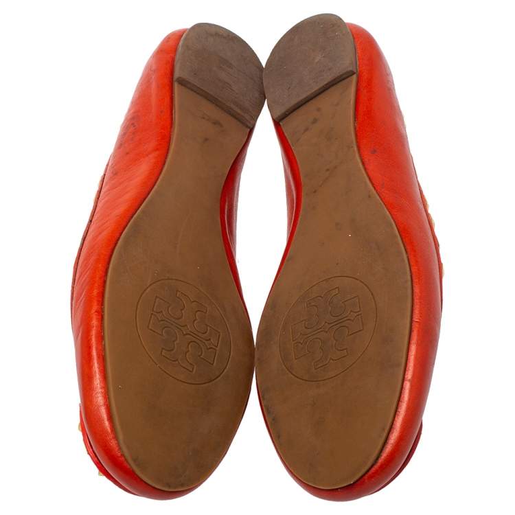 Pre Owned Tory Burch Orange Leather Studded Dale Ballet Flats Size 38