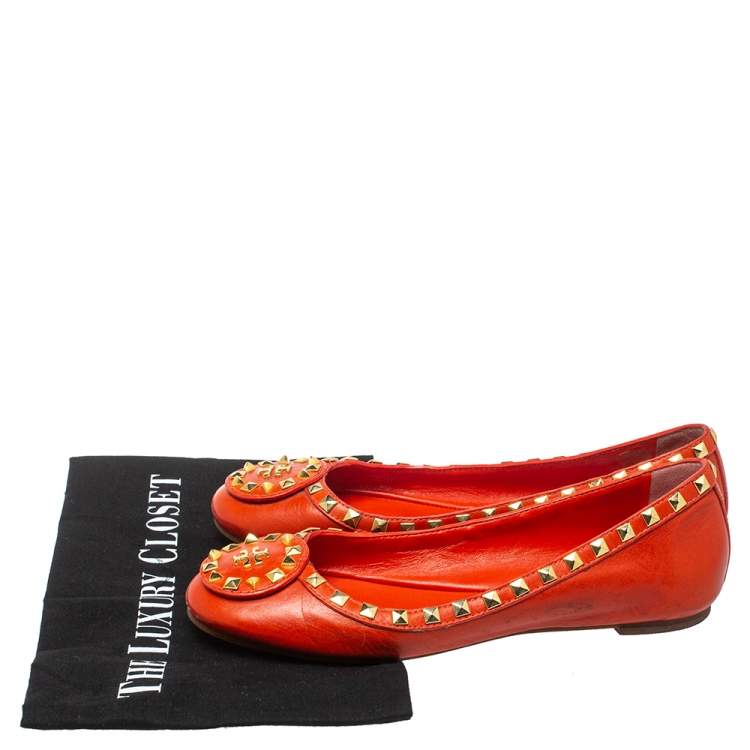 Pre Owned Tory Burch Orange Leather Studded Dale Ballet Flats Size 38