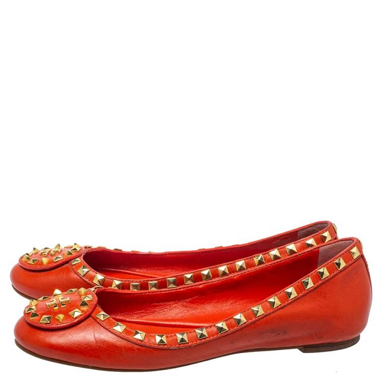 Pre Owned Tory Burch Orange Leather Studded Dale Ballet Flats Size 38