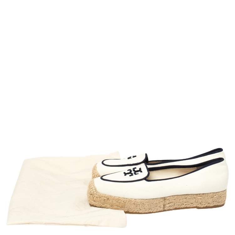 Pre Owned Tory Burch White Canvas Wells Platform Espadrille Flats Size 35.5