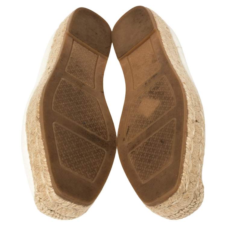 Pre Owned Tory Burch White Canvas Wells Platform Espadrille Flats Size 35.5