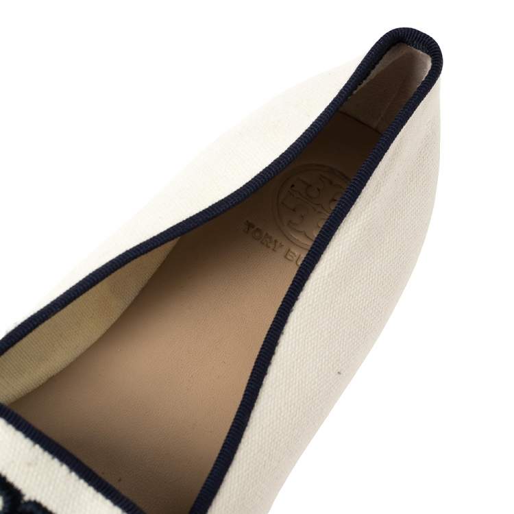 Pre Owned Tory Burch White Canvas Wells Platform Espadrille Flats Size 35.5