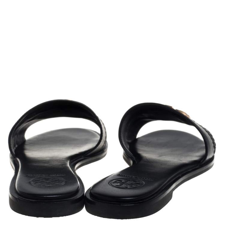 Pre Owned Tory Burch Black Leather Everly Flat Slides Size 35.5