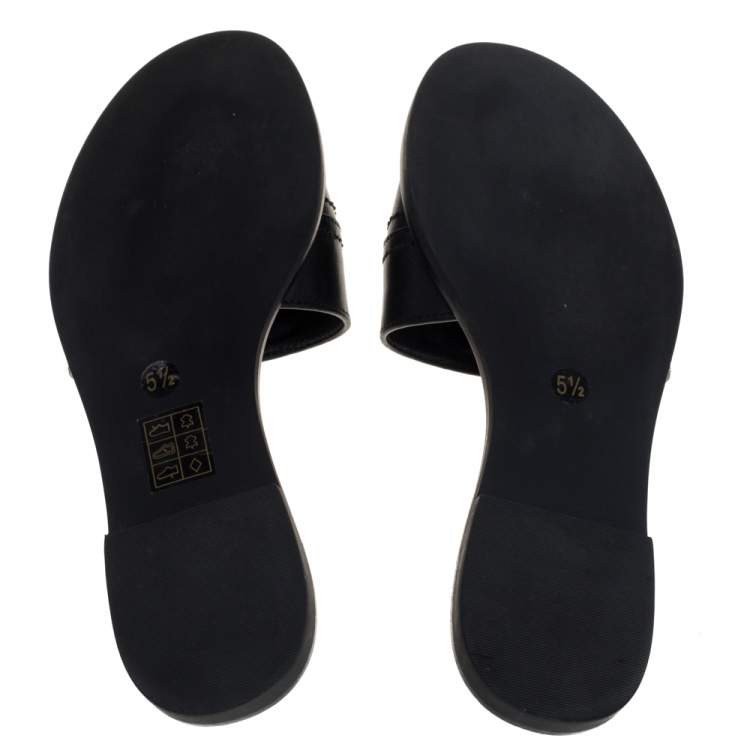 Pre Owned Tory Burch Black Leather Everly Flat Slides Size 35.5