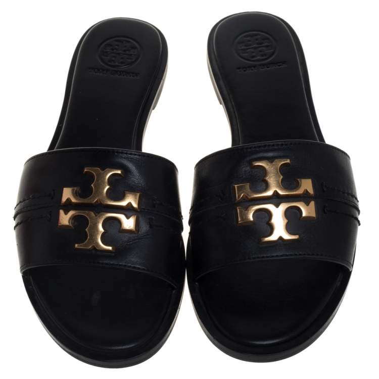 Pre Owned Tory Burch Black Leather Everly Flat Slides Size 35.5