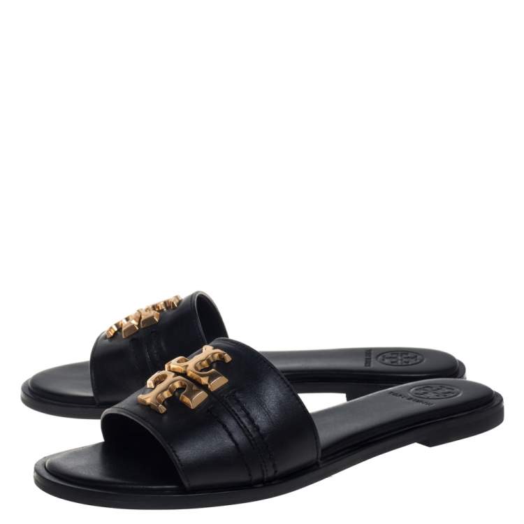 Pre Owned Tory Burch Black Leather Everly Flat Slides Size 35.5