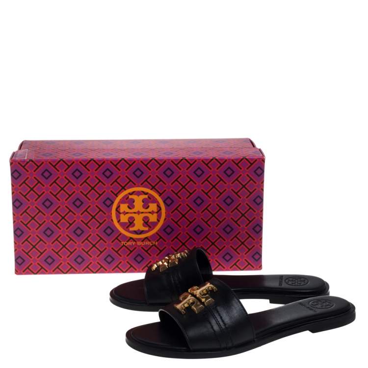 Pre Owned Tory Burch Black Leather Everly Flat Slides Size 35.5