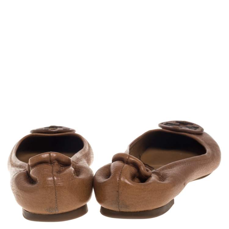 Pre Owned Tory Burch Tan Leather Scrunch Ballet Flats Size 38