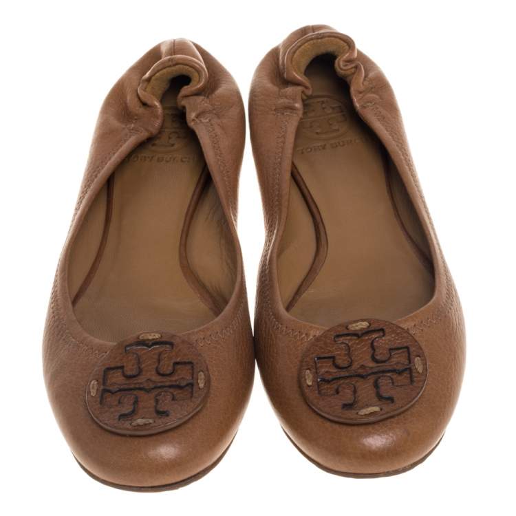 Pre Owned Tory Burch Tan Leather Scrunch Ballet Flats Size 38