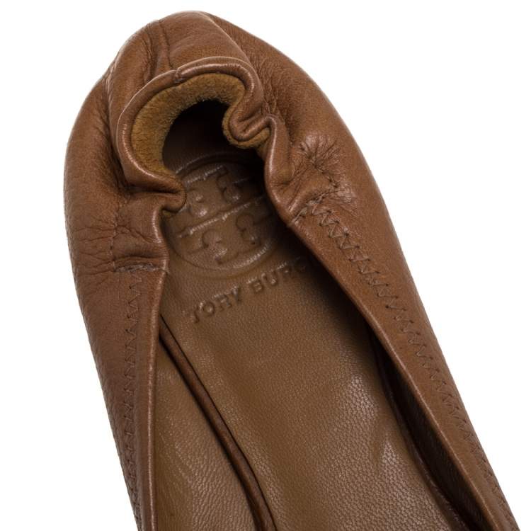 Pre Owned Tory Burch Tan Leather Scrunch Ballet Flats Size 38