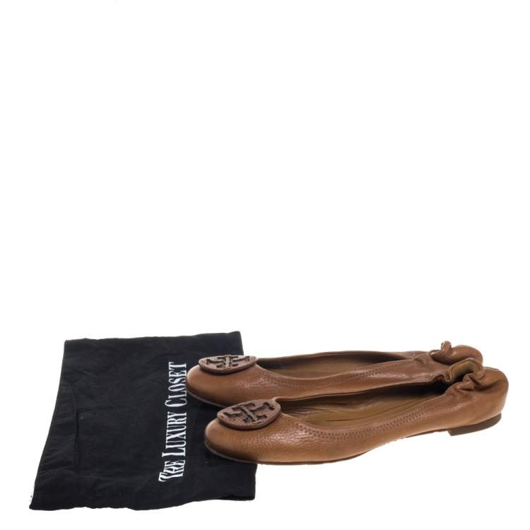 Pre Owned Tory Burch Tan Leather Scrunch Ballet Flats Size 38