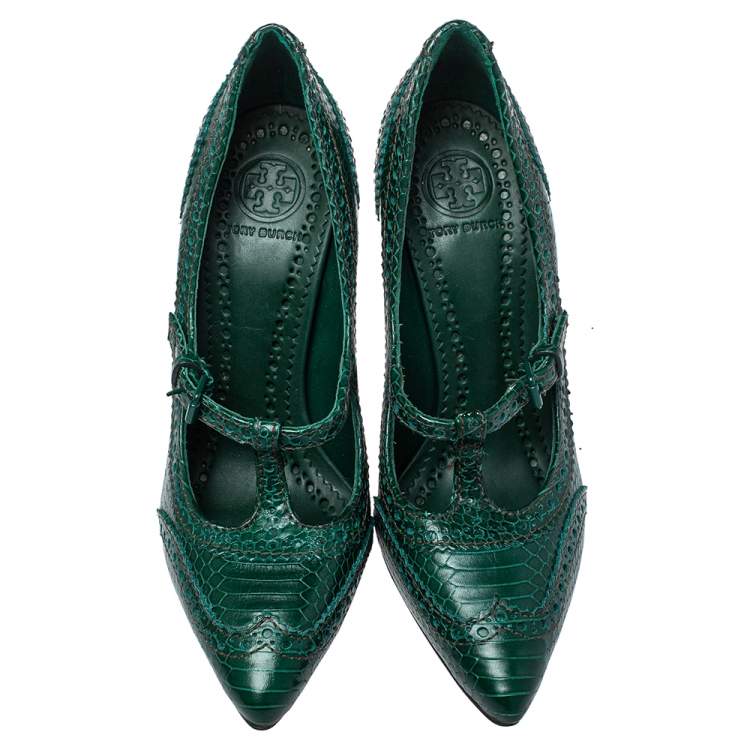 Pre Owned Tory Burch Green Python Embossed Leather Everly Pumps Size 36