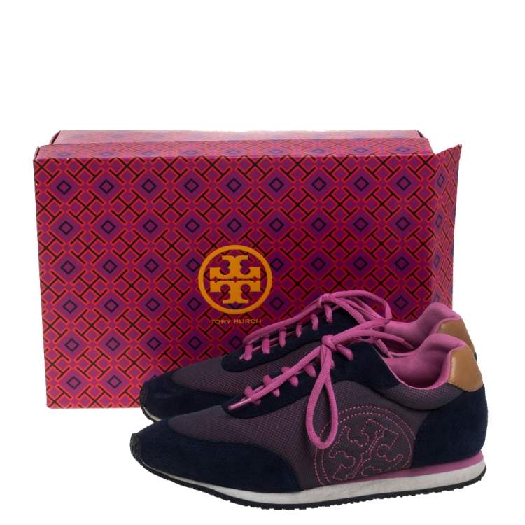 Pre Owned Tory Burch Blue/Pink Suede And Mesh Low Top Sneakers Size 39